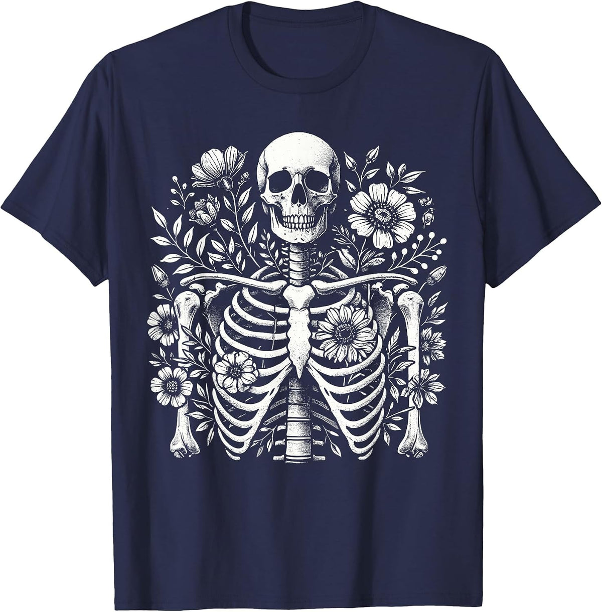 Halloween Floral Skeleton Flowers Goth Aesthetic T-Shirt - Navy Blue
