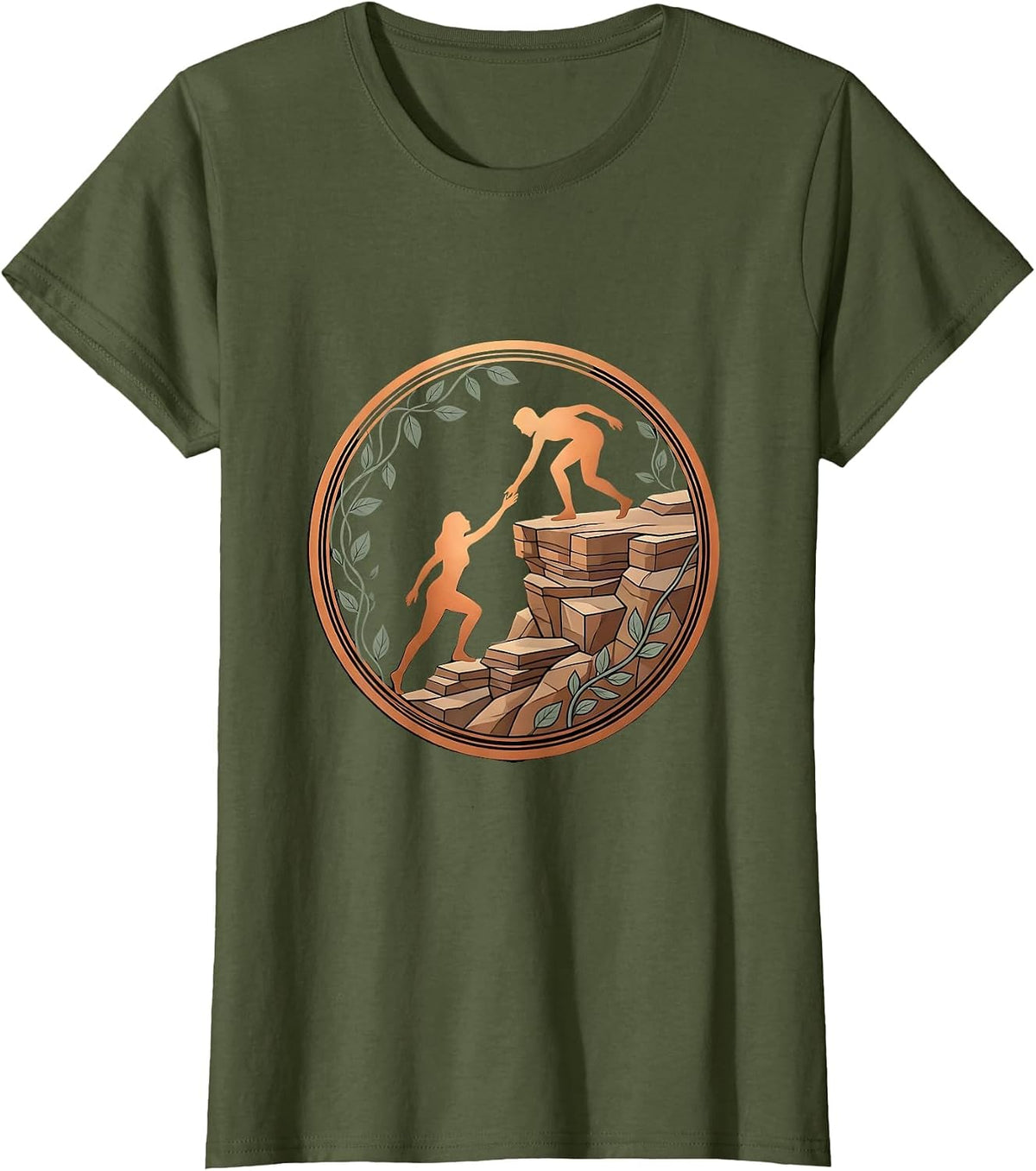 Women's Helping Hand Human Figure Cliff Climbing Graphic T-Shirt - Olive Green