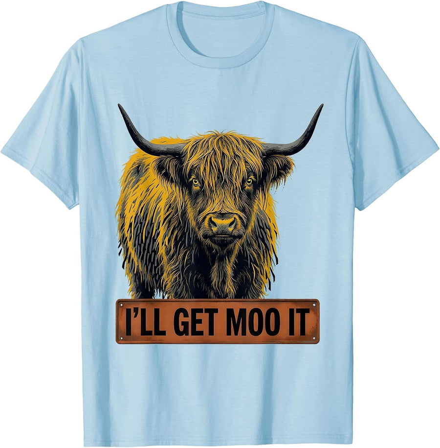 Men's I'll Get Moo It Funny Highland Cow Farm Animal Lover Humor T-Shirt - Baby Blue