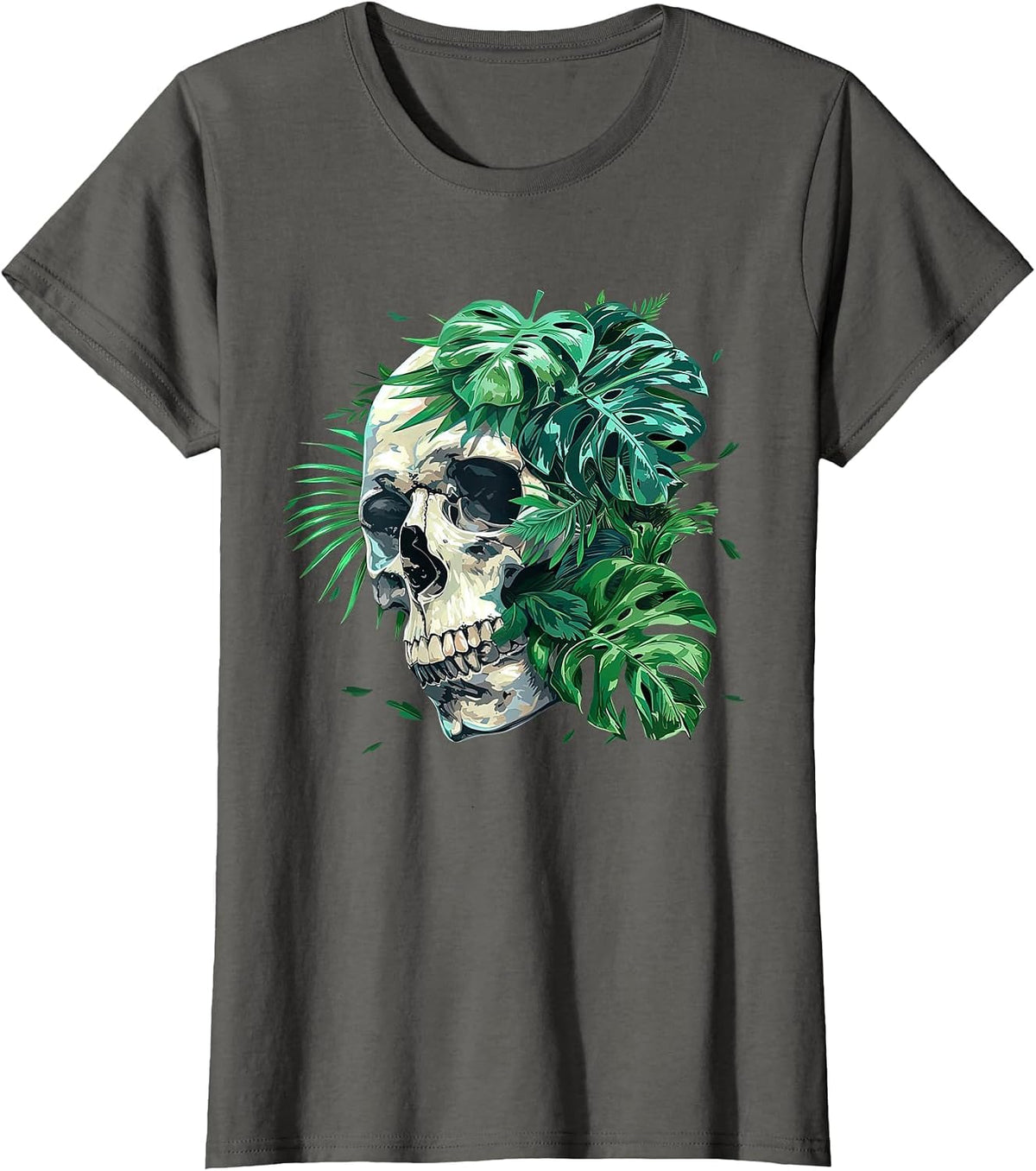 Aesthetic Goth Grunge Skull Tropical Monstera Leaf Skeleton T-Shirt - Asphalt Grey