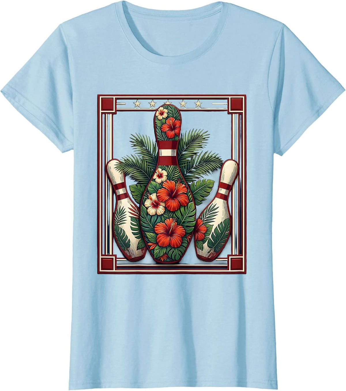 Retro Tropical Bowling Illustration Vintage Style T-Shirt - Baby Blue