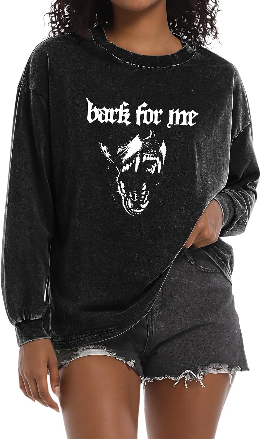 Women Goth Grunge Bark for Me Shirt Streetwear Graphic Tees Gothic Acid Wash Long Sleeve Shirts - Black