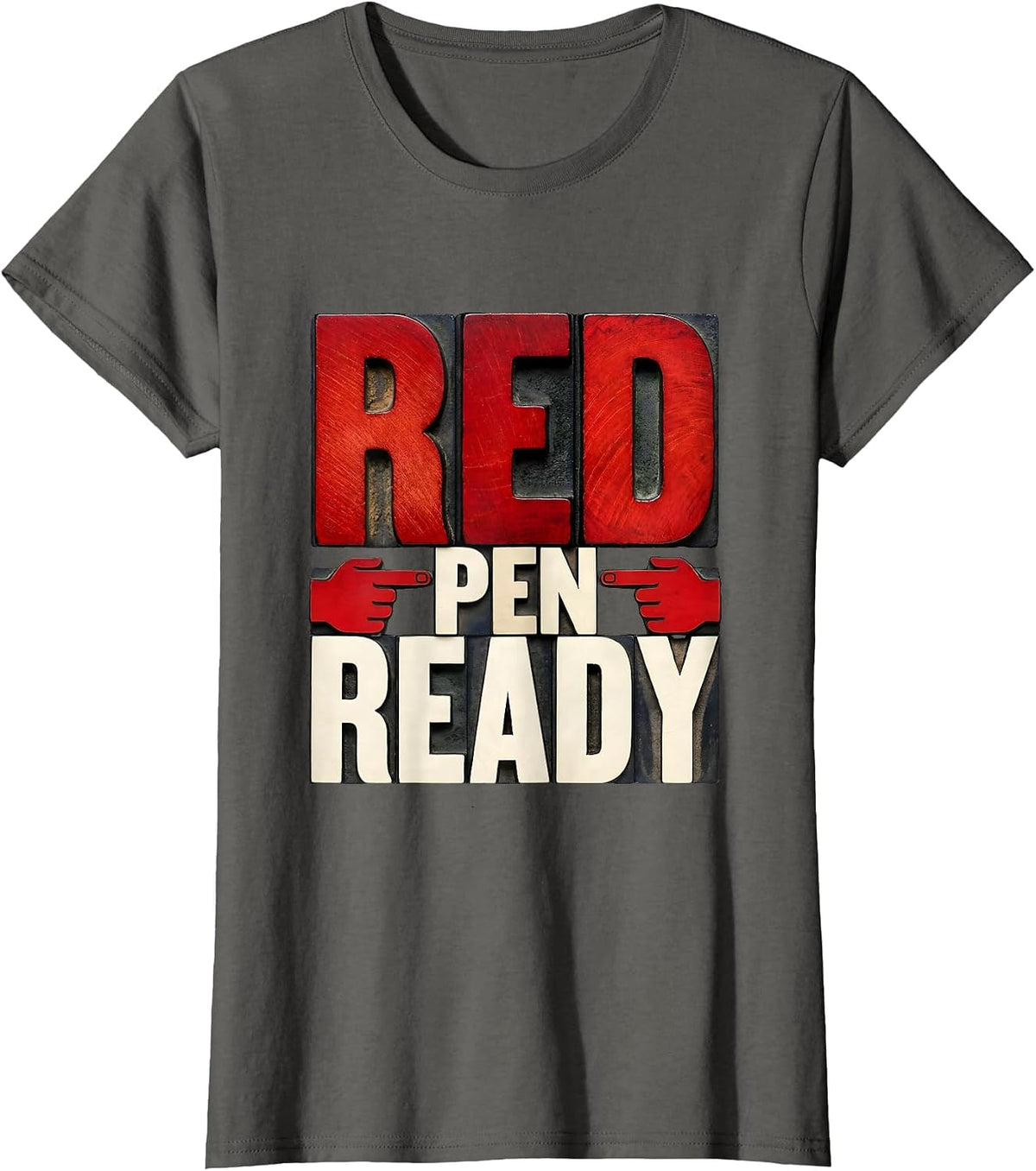 Women's Red Pen Ready Teacher Graphic Design T-Shirt - Asphalt Grey