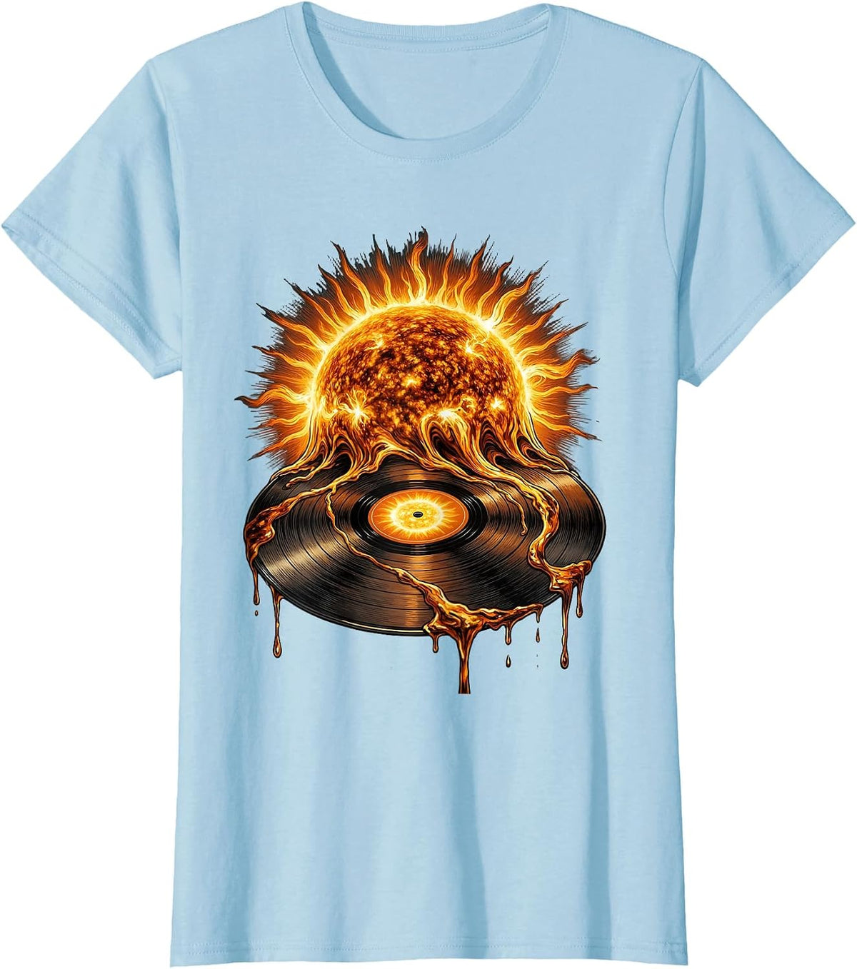 Sun Melting Into Vinyl Record Rock Music Graphic T-Shirt - Baby Blue