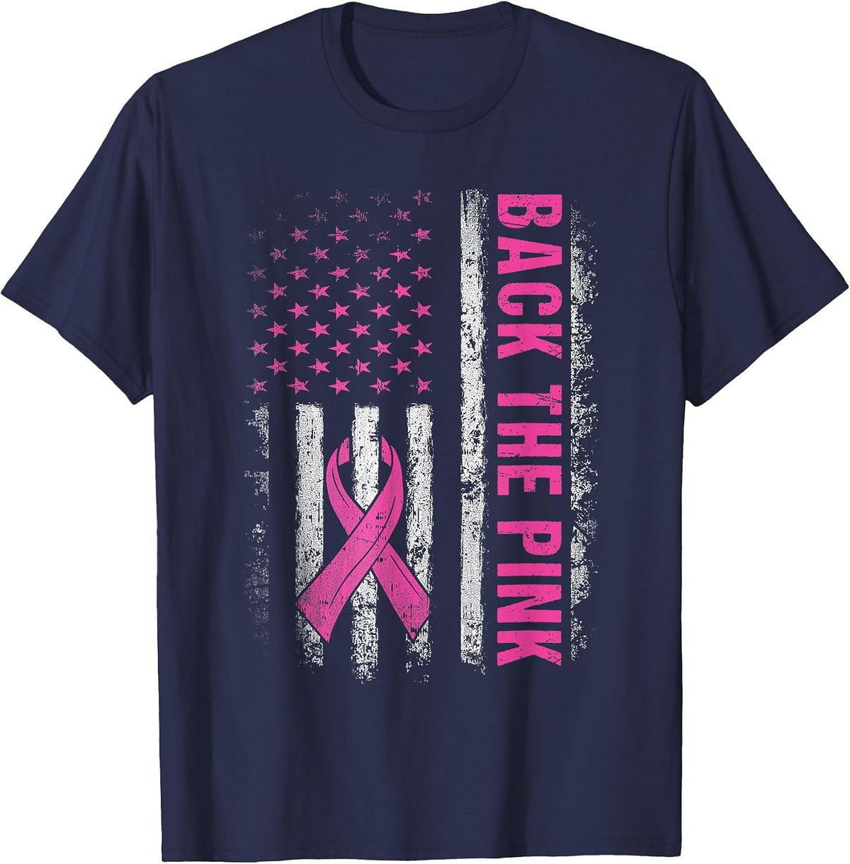 Back The Pink Ribbon American Flag Breast Cancer Awareness T-Shirt - Navy Blue