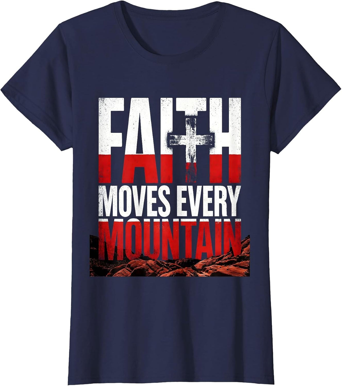 Women's Faith Over Fear Distressed Cross Mountain Design T-Shirt - Navy Blue