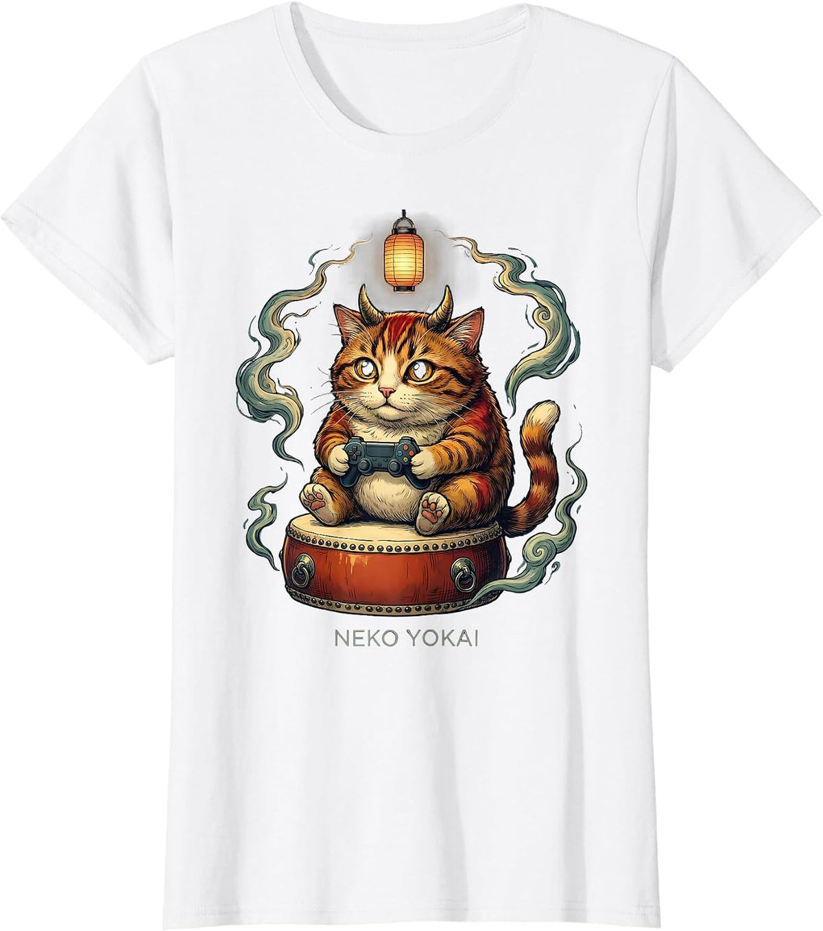 Women's Neko Yokai Funny Cat Anime Gaming Ramen Cat Lover T-Shirt - White