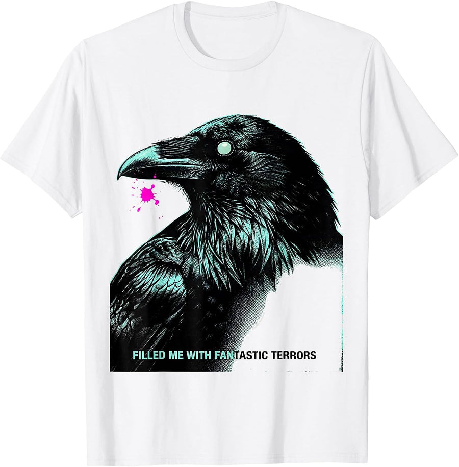 Men's Filled Me With Fantastic Terrors Risograph Gothic Poe Fan T-Shirt - White