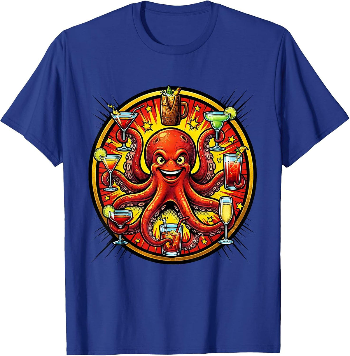 Men's Cocktail Octopus Funny Drinking Party Design T-Shirt - Royal Blue