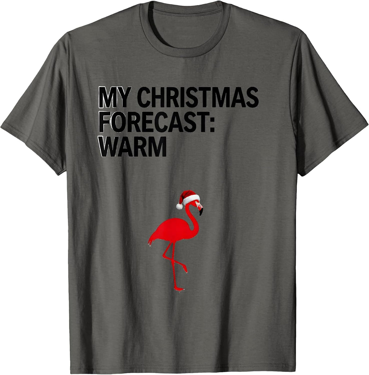 My Christmas Forecast: Warm Funny Pink Flamingo Santa Hat T-Shirt - Asphalt Grey