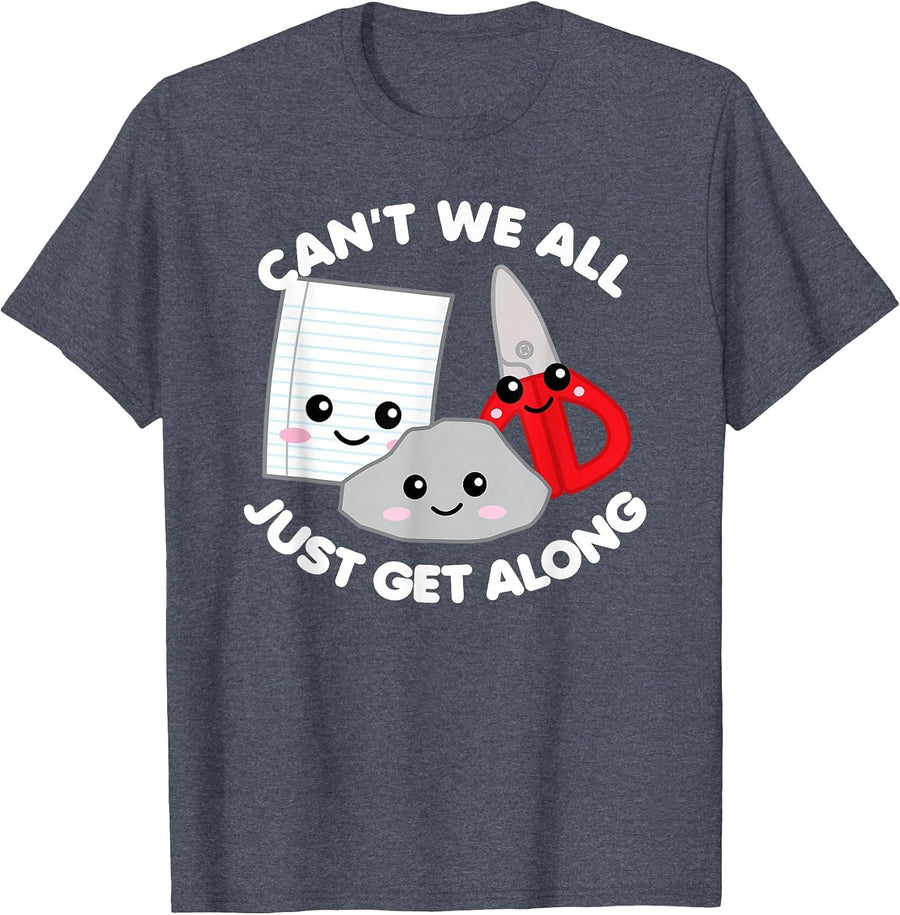 Rock Paper Scissors Can't We All Just Get Along Funny Dark T-Shirt - Heather Blue