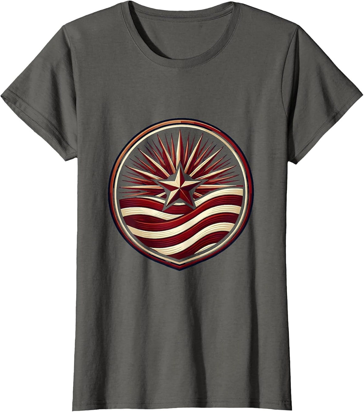 Women's Red White and Blue Sunburst Waving Flag Stripes T-Shirt - Asphalt Grey