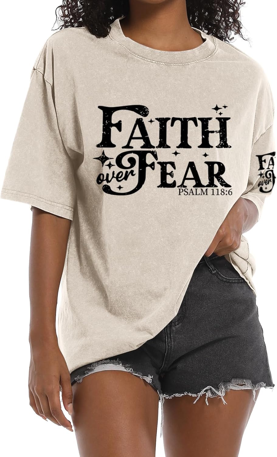 Faith Over Fear Christian Shirts for Women Jesus Religious Bible Verse T Shirts God Oversized Acid Wash Graphic Tees -