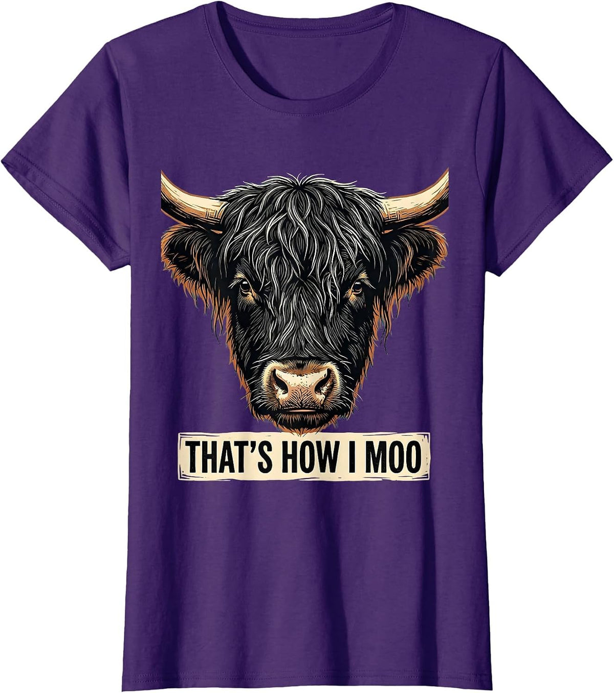 Women's That's How I Moo Funny Highland Cow Linocut Floral Humor T-Shirt - Purple
