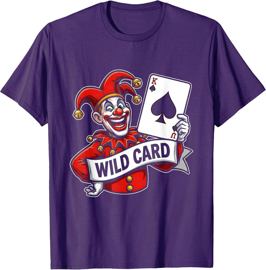 Men's Wild Card Cartoon Jester Halloween Costume Poker Player T-Shirt - Purple