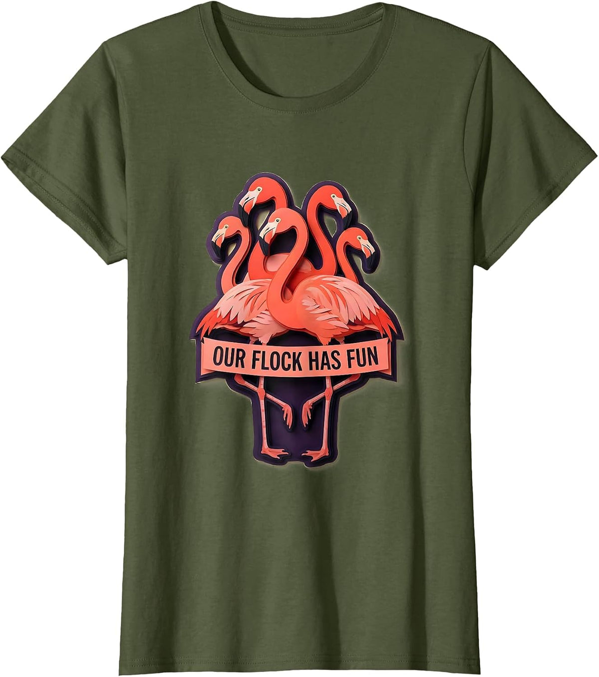 Women's Our Flock Has Fun Flamingo Family Matching Group Vacation T-Shirt - Olive Green
