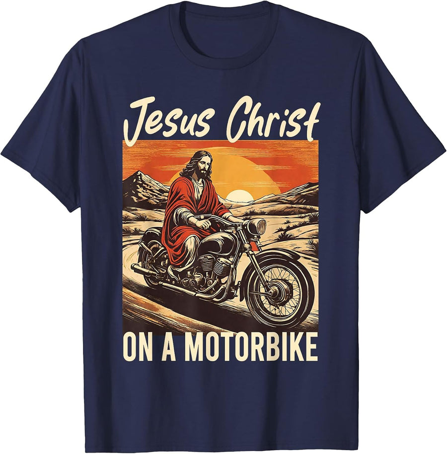 Jesus Christ On A Motorbike Jesus Biker Motorcycle Christian T-Shirt - Navy Blue
