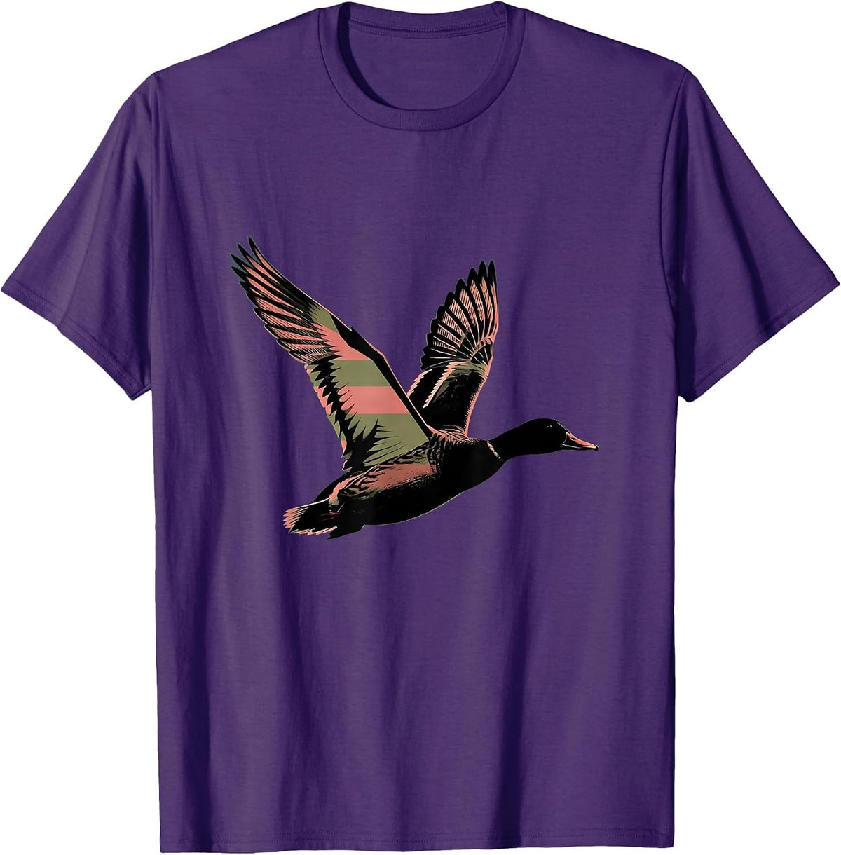 Pink Camo Duck in Flight Over Marsh at Dusk T-Shirt - Purple
