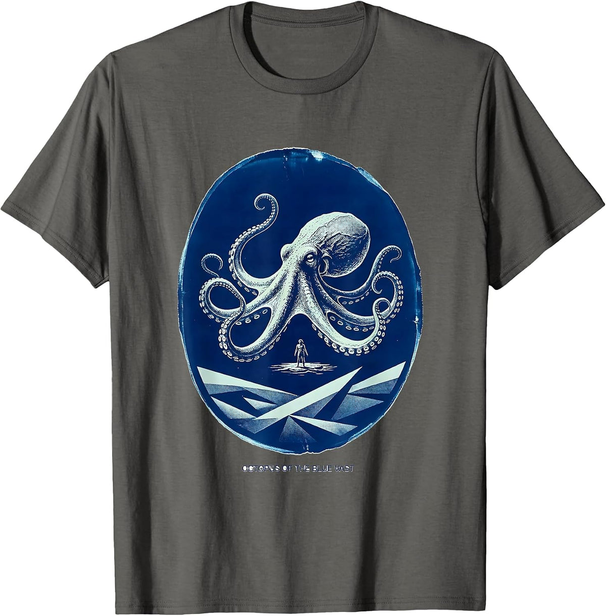 Octopus of the Blue Vast Cyanotype Ocean Animal Lover Art T-Shirt - Asphalt Grey