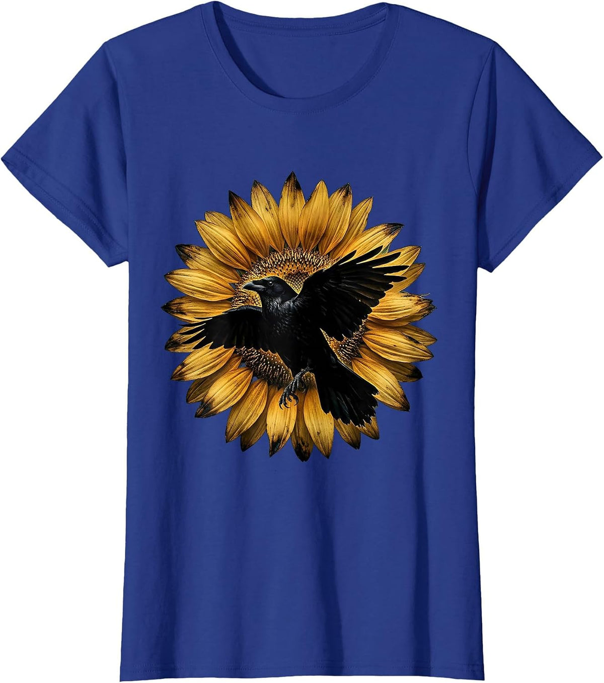 Women's Crow Silhouette Blooming Sunflower Graphic T-Shirt - Royal Blue