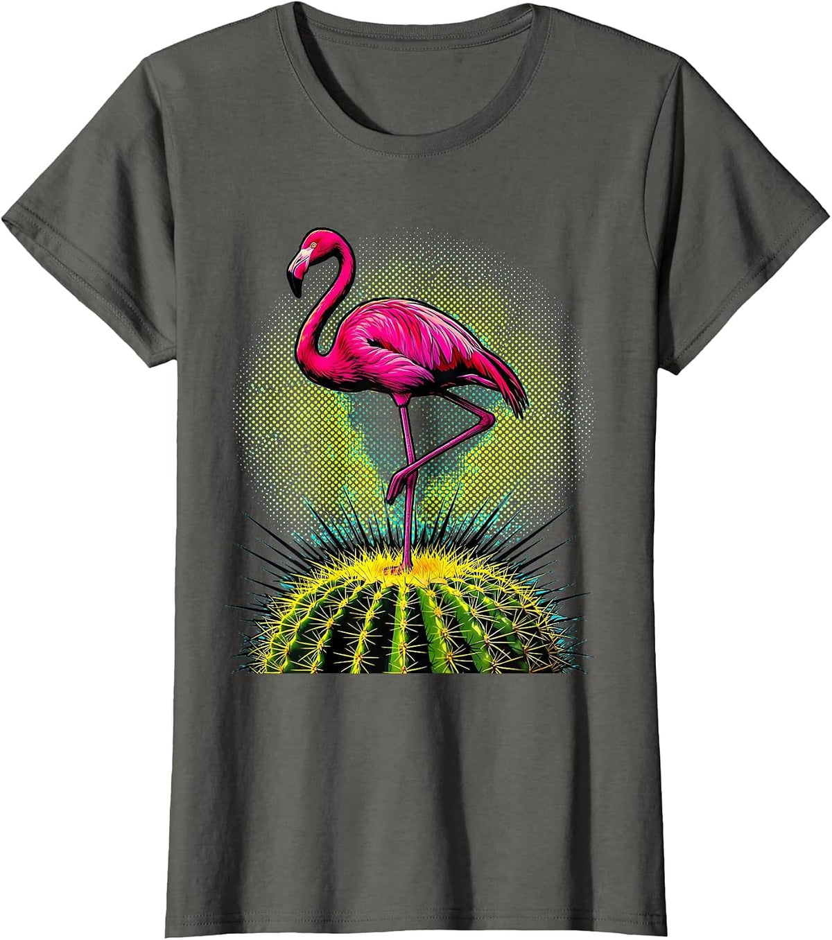 Women's Flamingo on Cactus Desert Illustration T-Shirt - Asphalt Grey