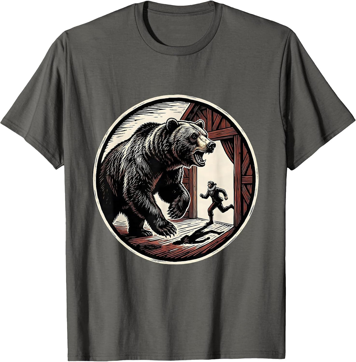Men's Charging Bear Linocut Theatre Humor Shakespeare Fan T-Shirt - Asphalt Grey