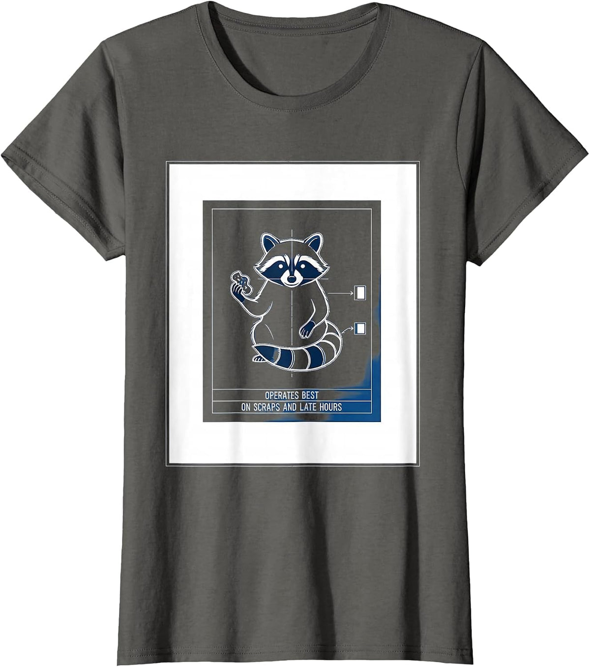 Women's Operates Best On Scraps And Late Hours Funny Raccoon Trash T-Shirt - Asphalt Grey