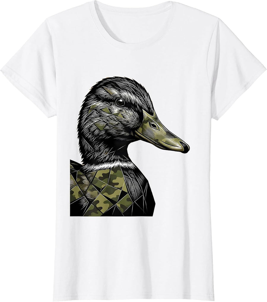 Women's Duck Camo Geometric Mosaic Graphic Tee T-Shirt - White