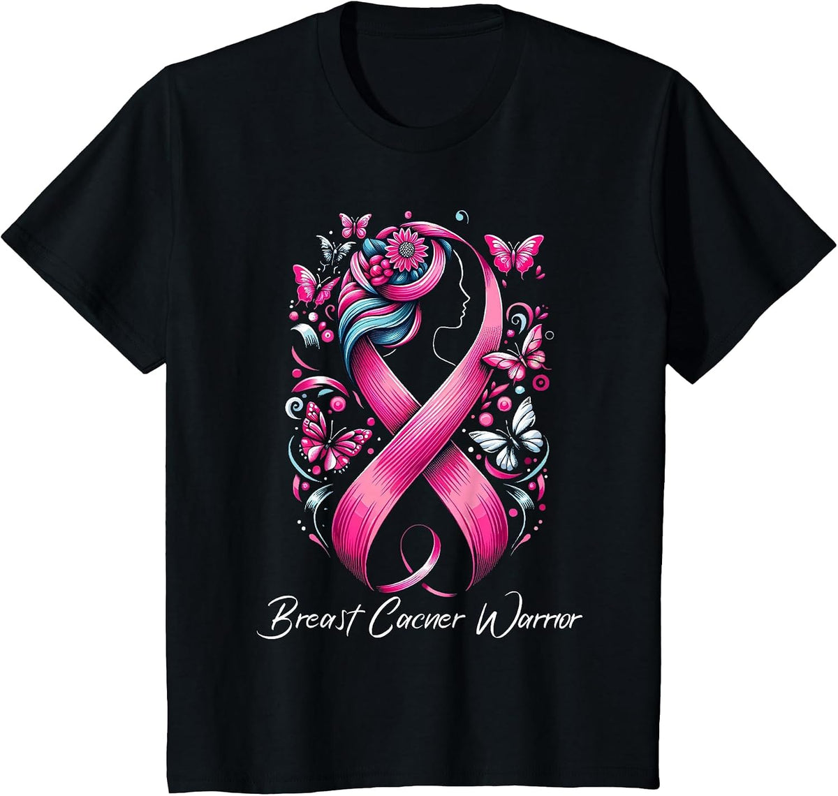 Faith Hope Love Ribbon Breast Cancer Awareness Warrior Pink T-Shirt - Black