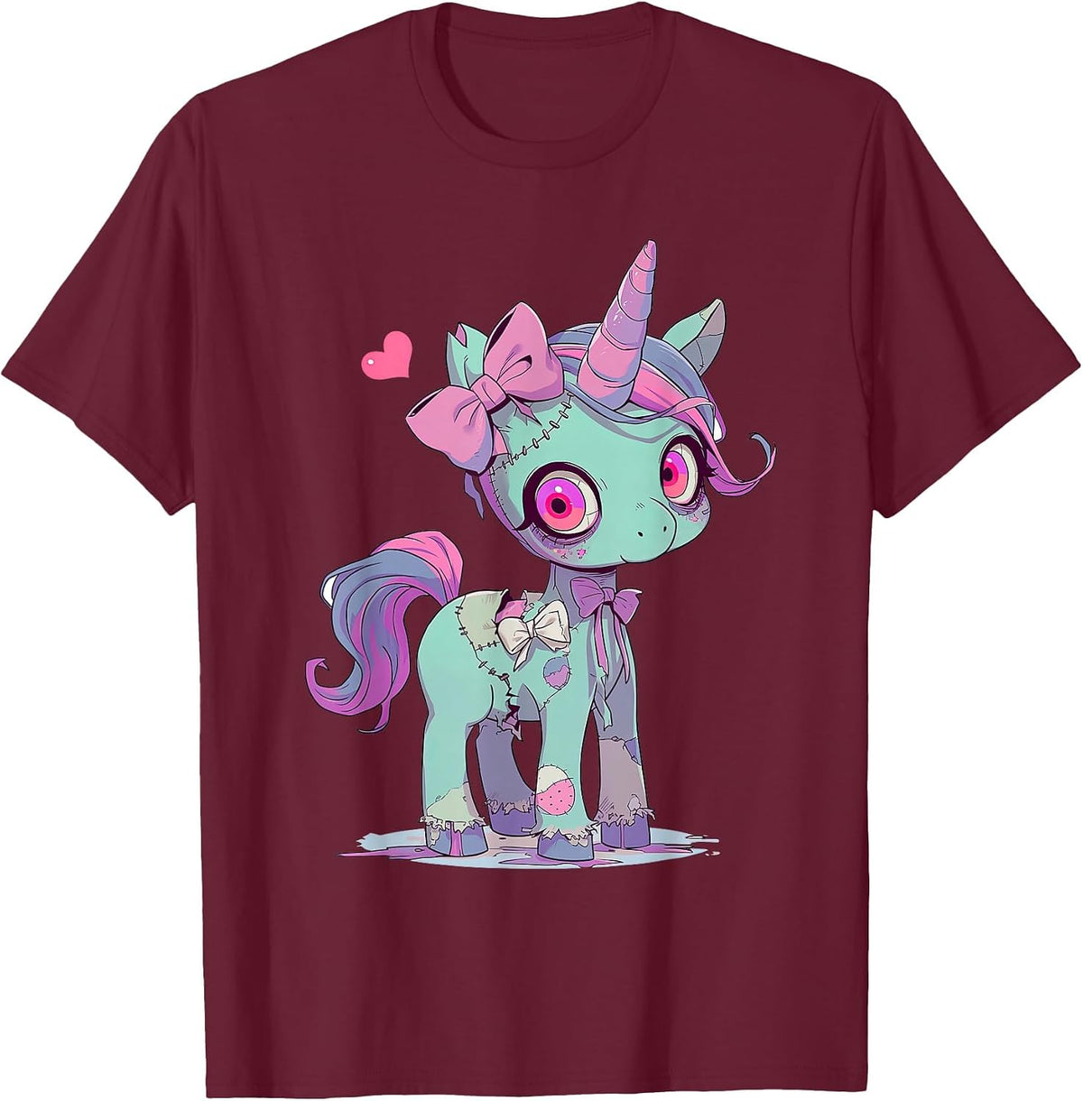 Kawaii Pastel Goth Creepy Cute Witchy Zombie Unicorn Tees T-Shirt - Burgundy
