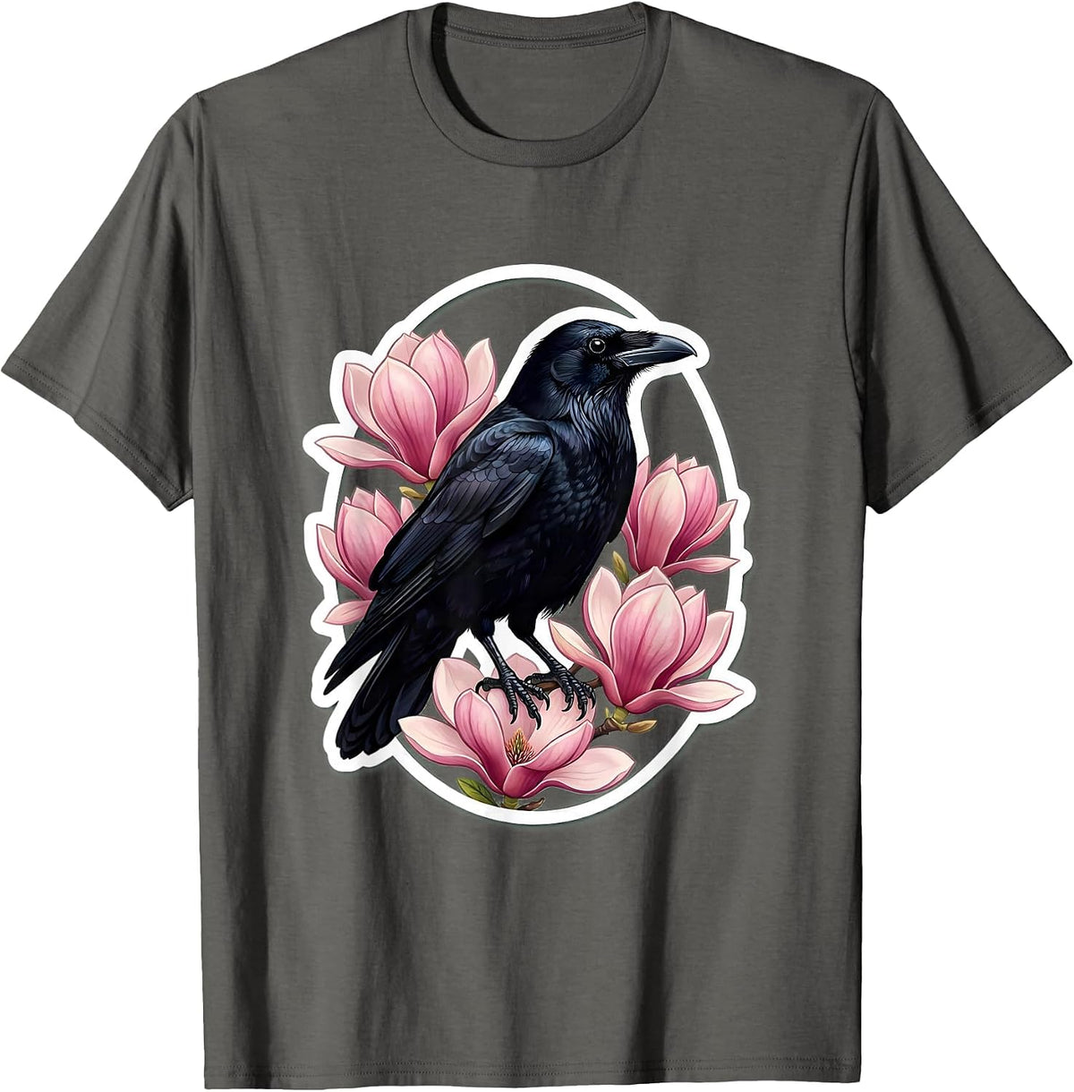Crow and Magnolia Blossoms Nature Art Design T-Shirt - Asphalt Grey