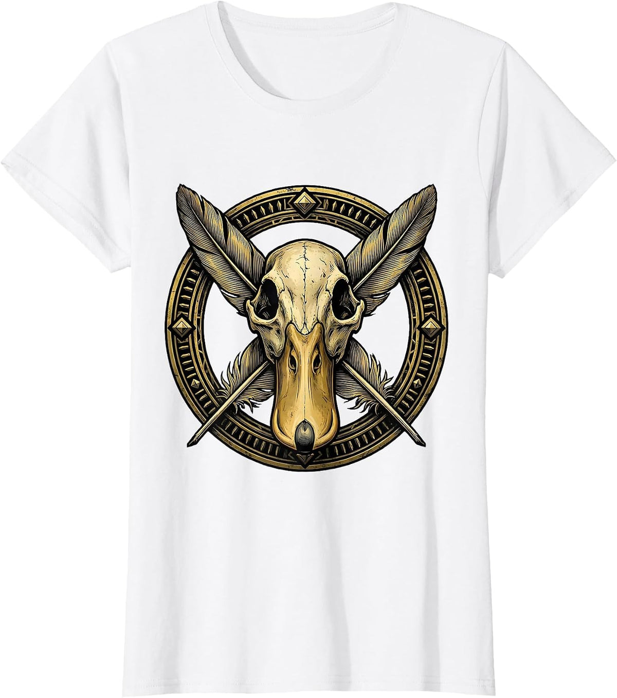 Duck Skull Crossed Feathers Dark Graphic Design T-Shirt - White