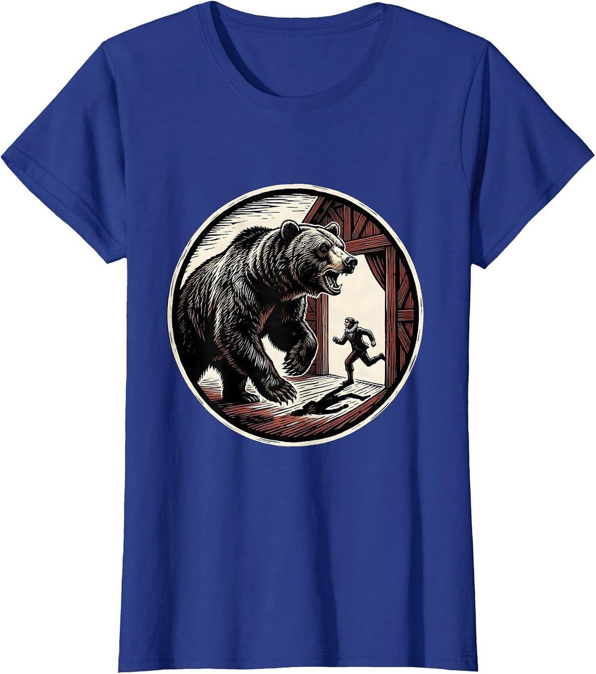 Women's Charging Bear Linocut Theatre Humor Shakespeare Fan T-Shirt - Royal Blue