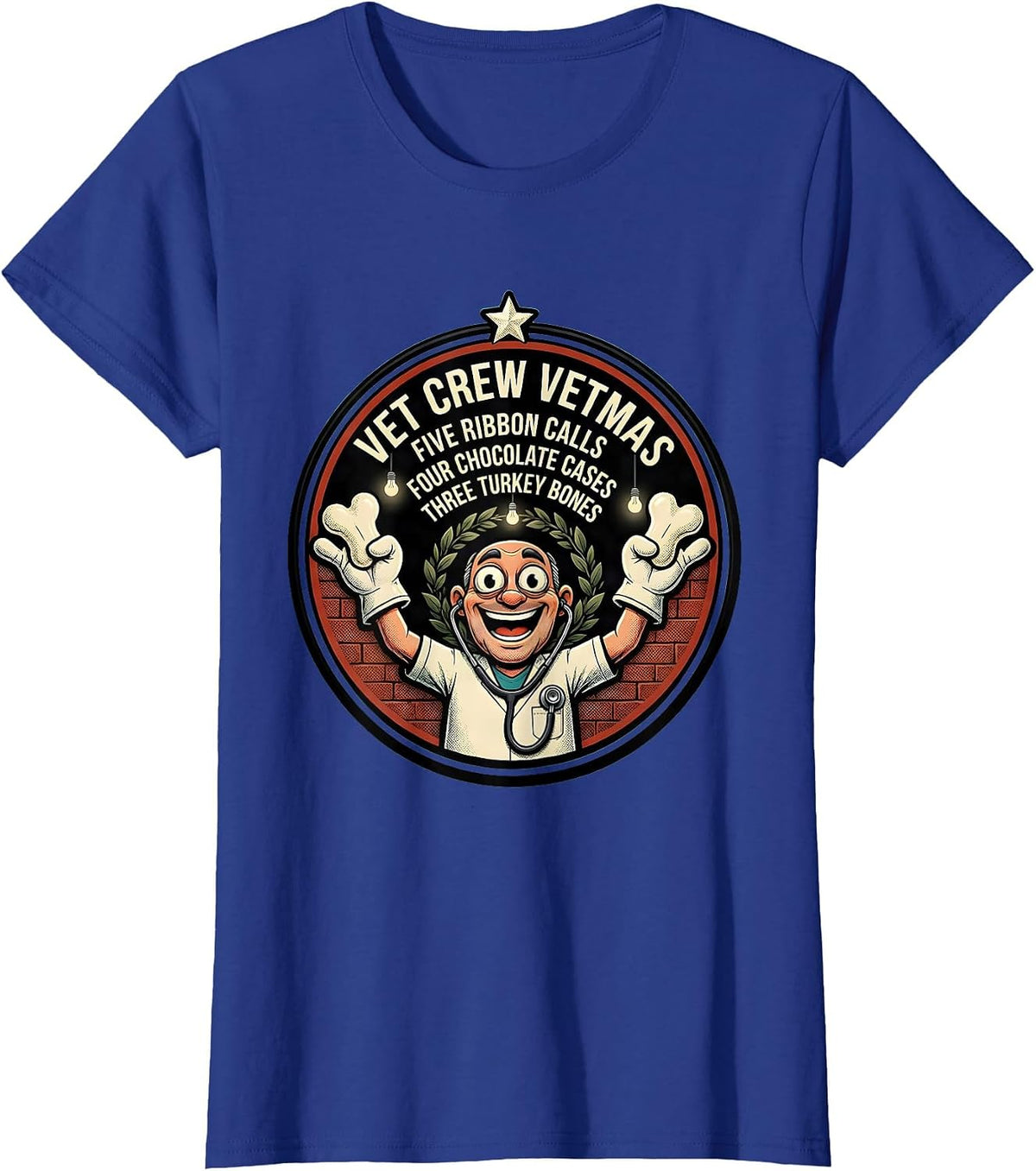 Women's Vet Crew Vetmas Retro Cartoon Veterinary Staff Christmas T-Shirt - Royal Blue