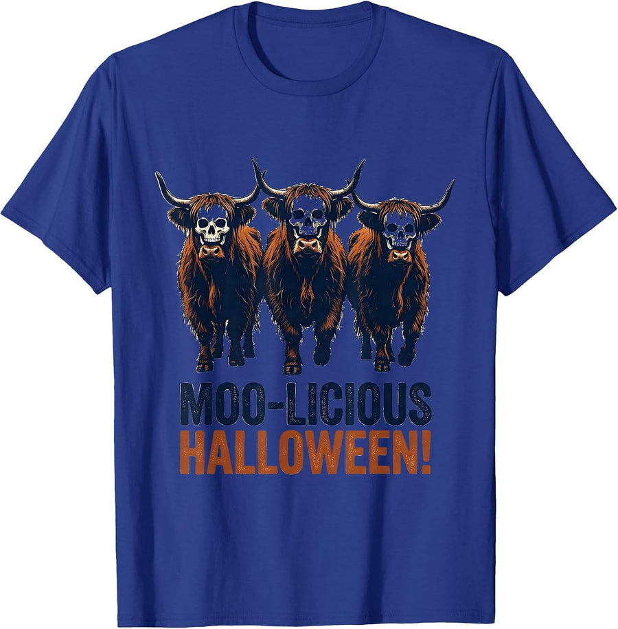 Moo-licious Halloween! Funny Highland Cow Halloween Humor T-Shirt - Royal Blue