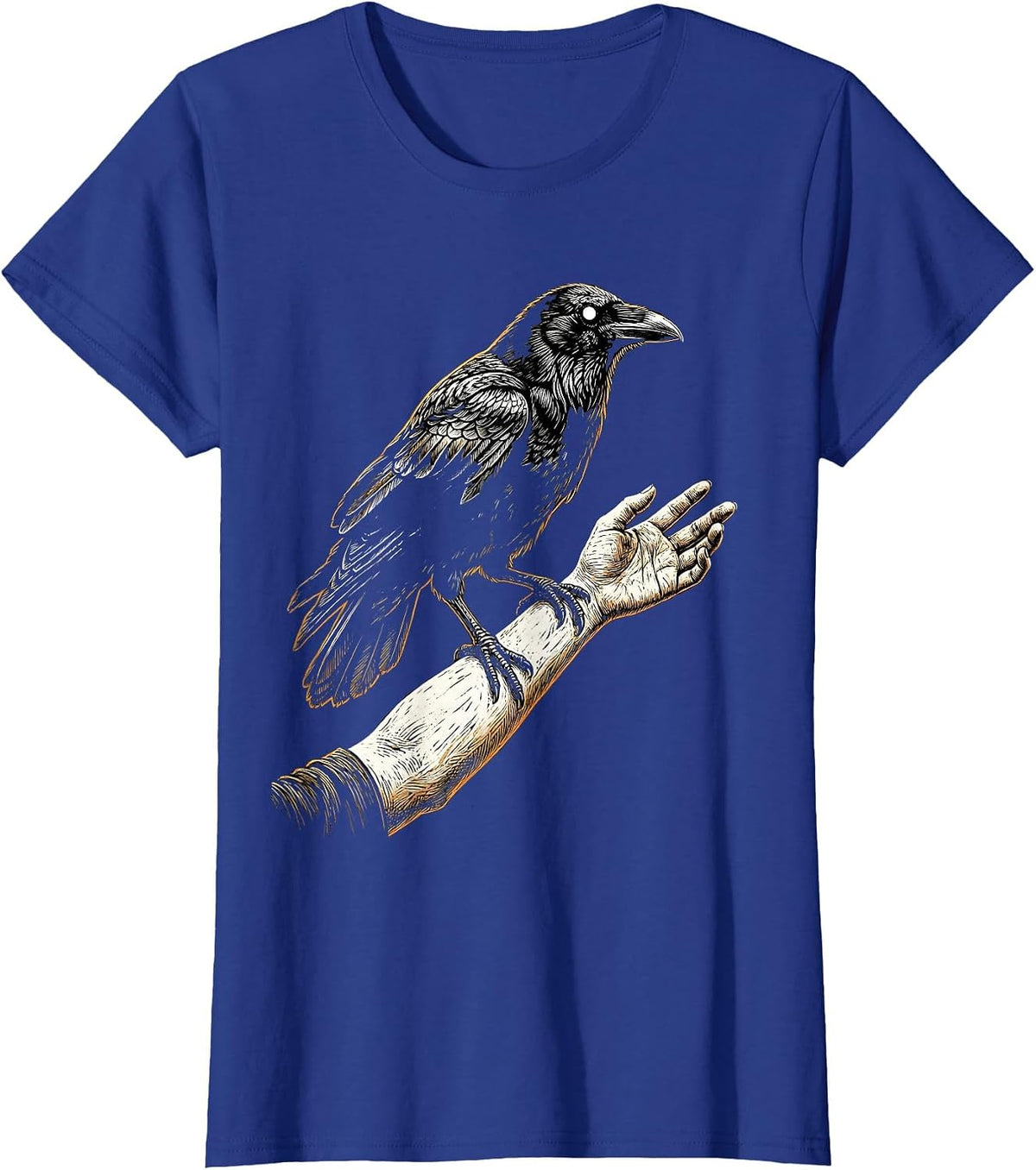 Women's Crow Perched on Outstretched Hand Illustration T-Shirt - Royal Blue
