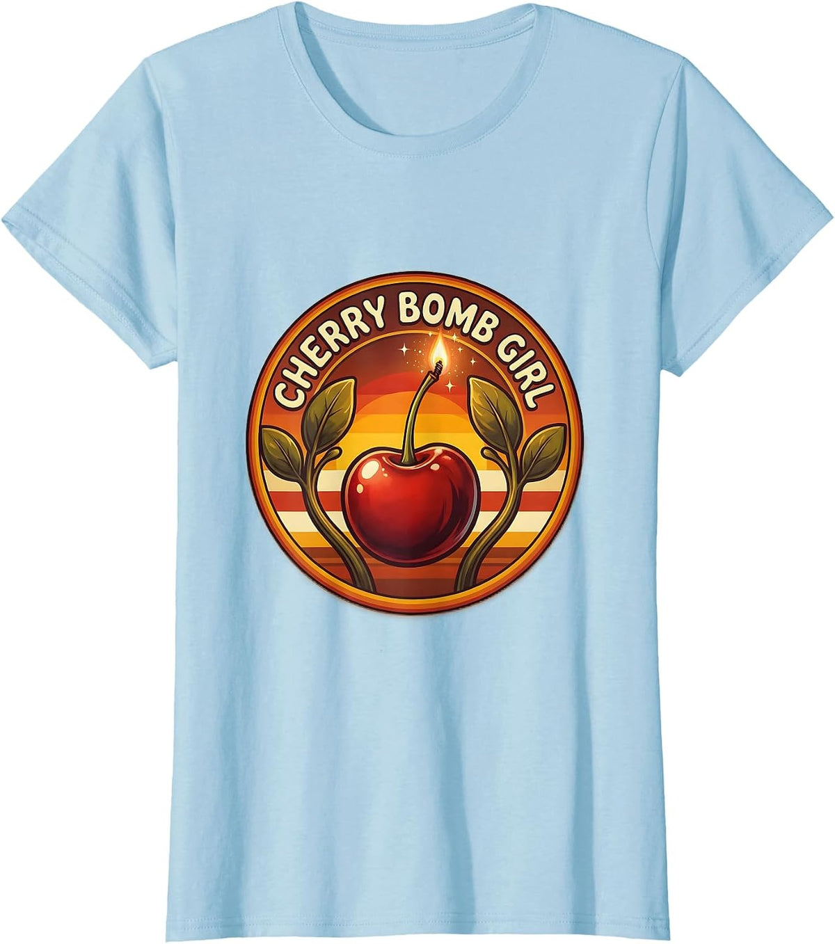 Cherry Bomb Girl Bold Graphic Design T-Shirt - Baby Blue