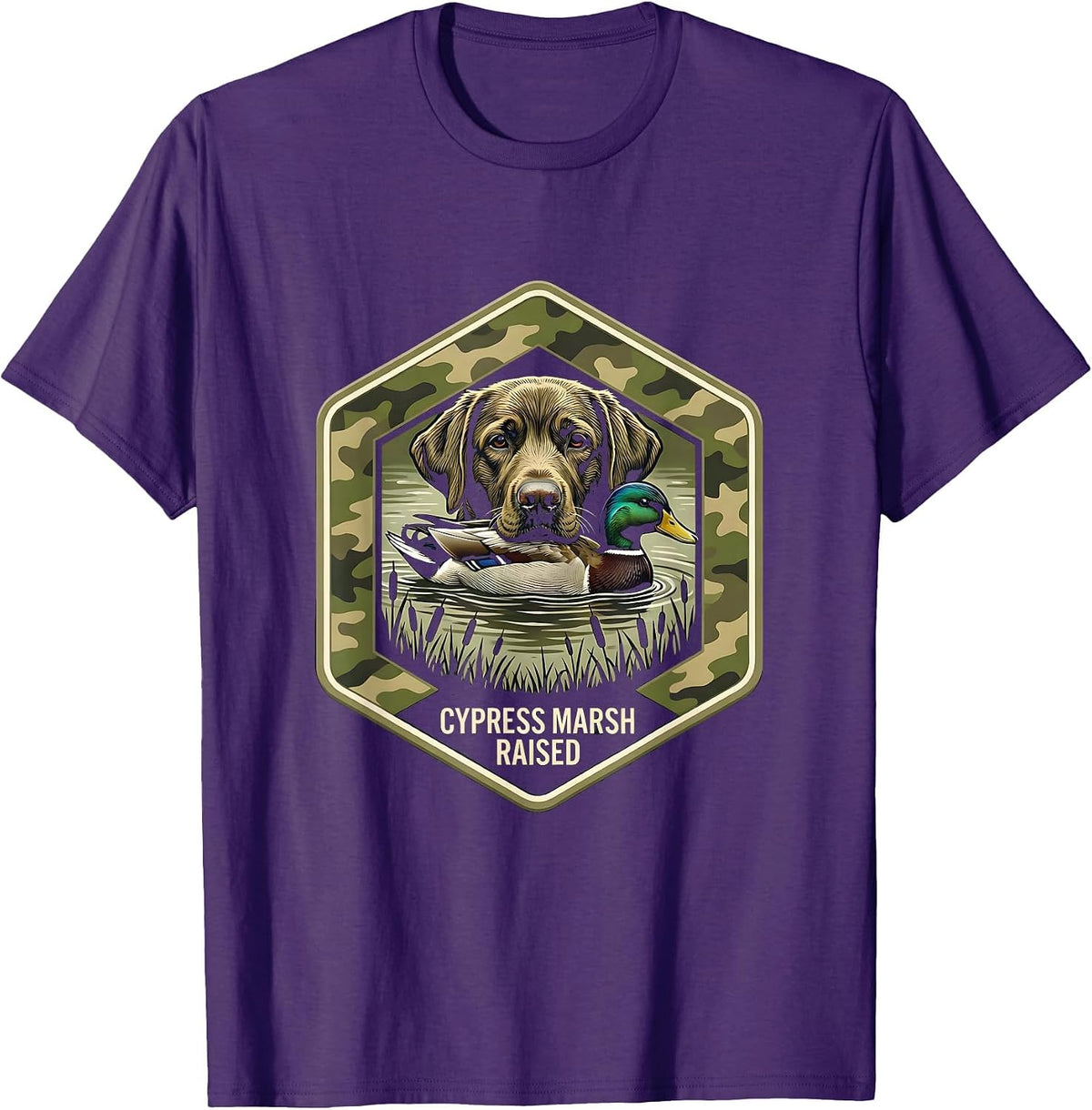 Men's Cypress Marsh Raised Hexagonal Badge Labrador Duck Hunting T-Shirt - Purple