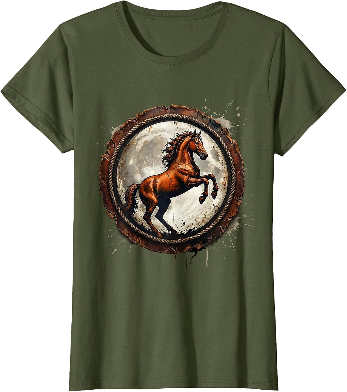 Women's Rearing Horse Full Moon Western Night Sky T-Shirt - Olive Green