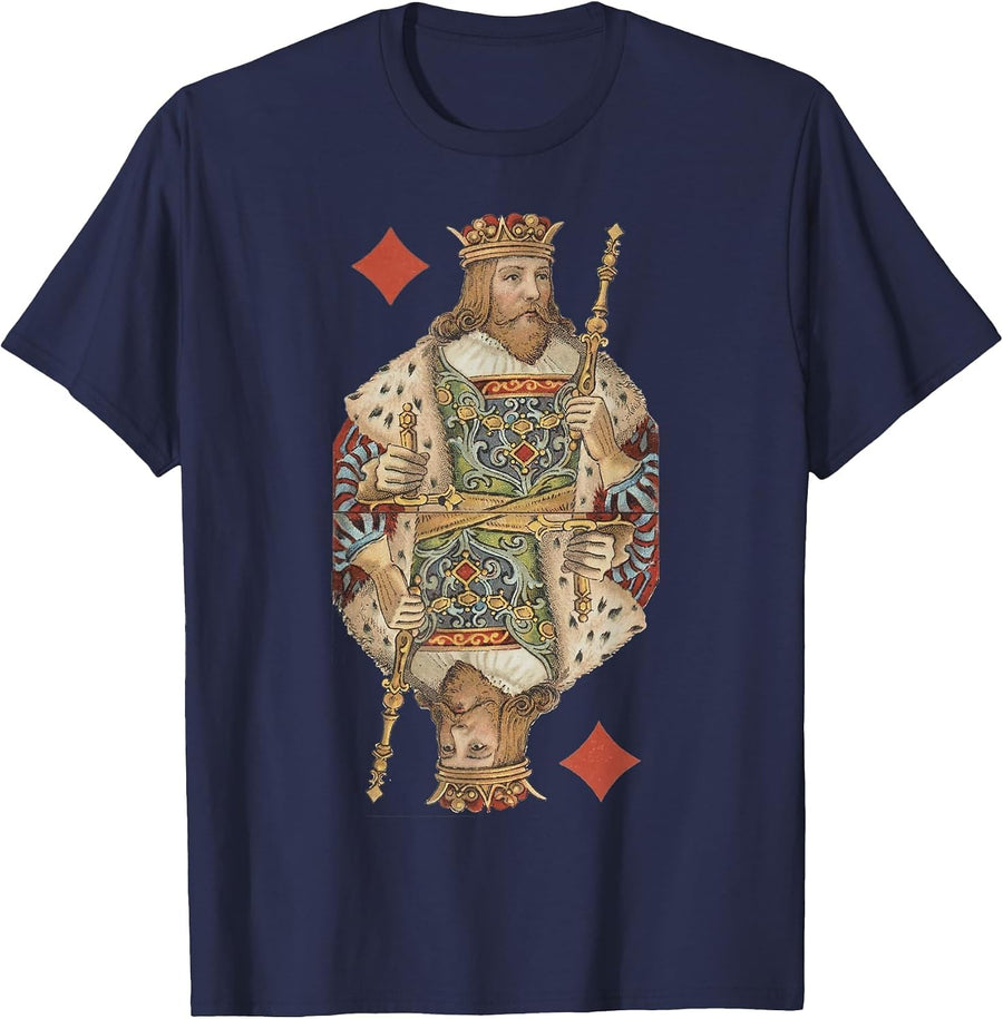 King of Diamonds Antique Art Nouveau Playing Card Art T-Shirt, Men, Navy Blue, X-Large - As Pictured