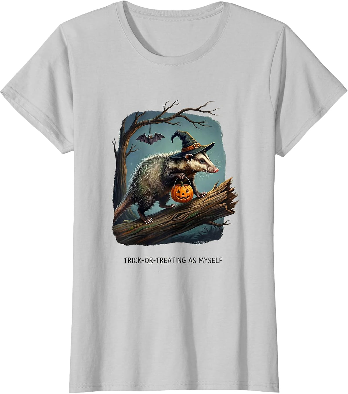 Trick-or-Treating As Myself Whimsical Spooky Opossum T-Shirt - Silver Grey