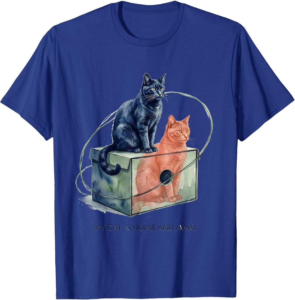 My Cat Is Home And Away Watercolor Quantum Physics Humor T-Shirt - Royal Blue
