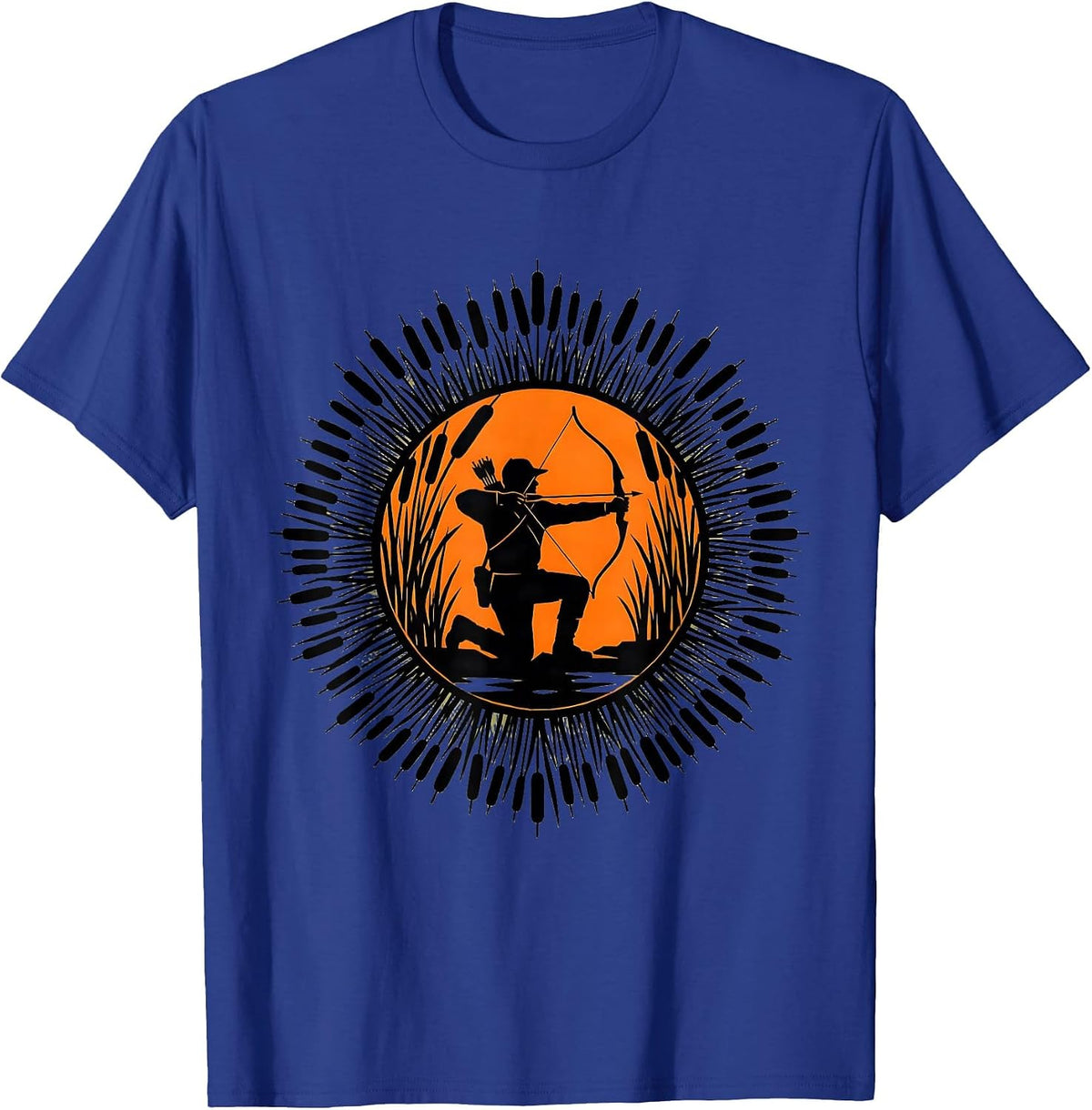 Men's Hunter Kneeling in Marsh Reeds Camouflage Design T-Shirt - Royal Blue