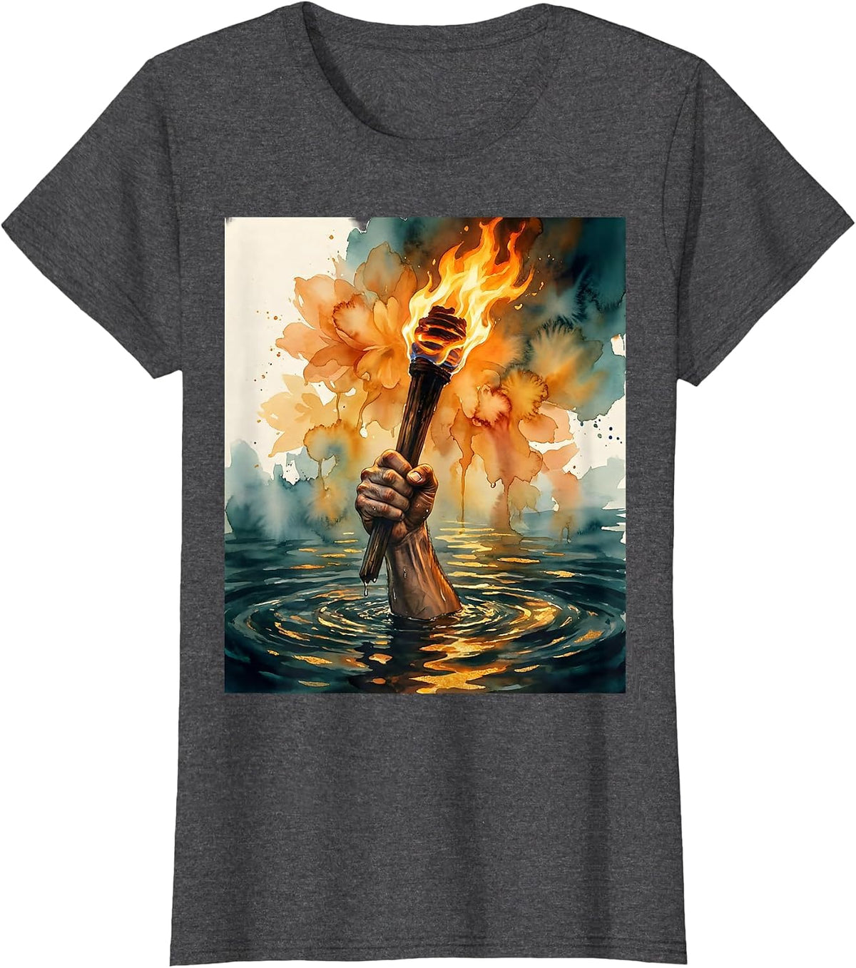 Women's Glowing Torch Over Water Faith Over Fear Graphic T-Shirt - Dark Heather Grey