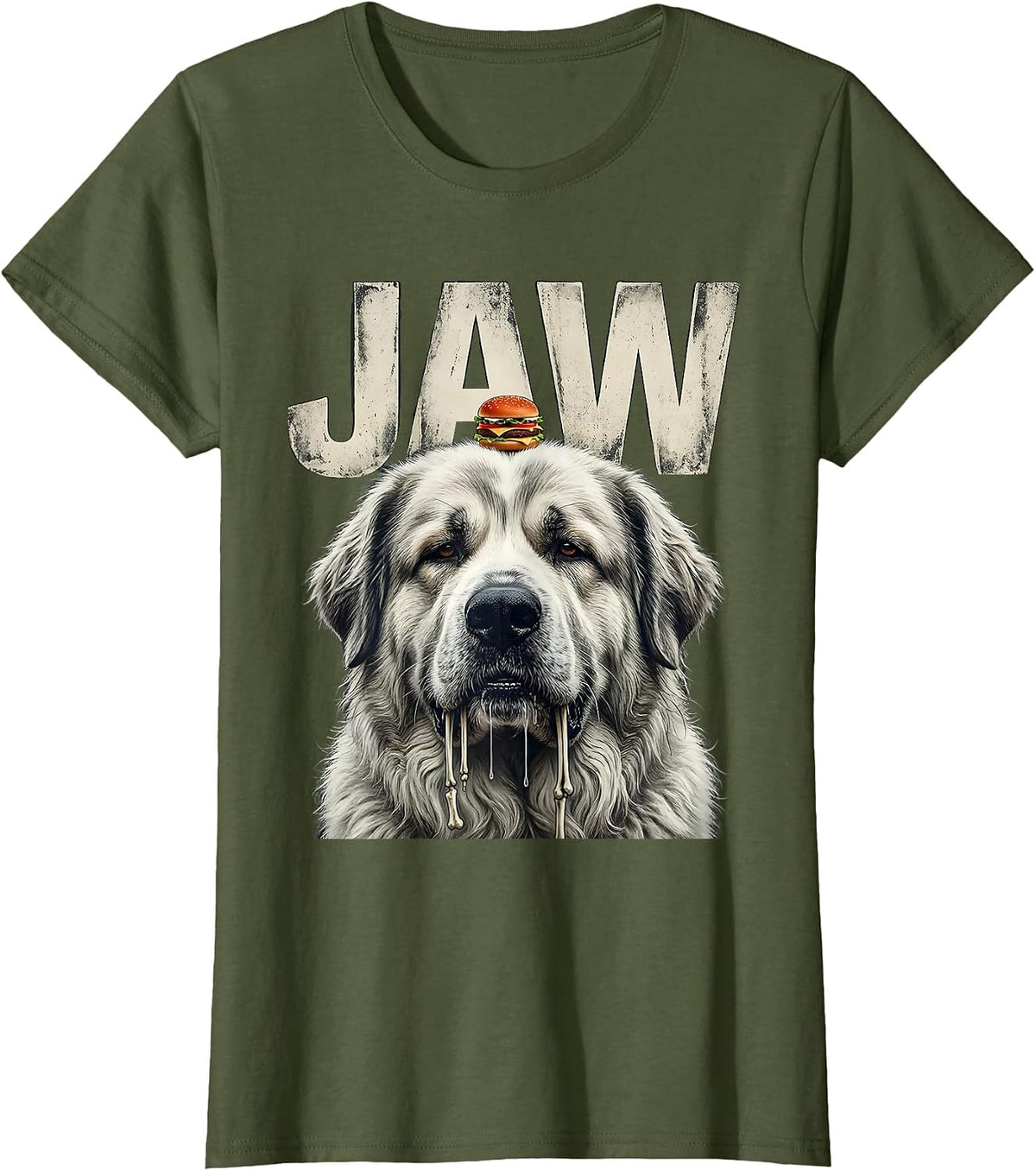 Women's JAW Funny Great Pyrenees Jowls Drooling Dog Mom Dad Burger T-Shirt - Olive Green