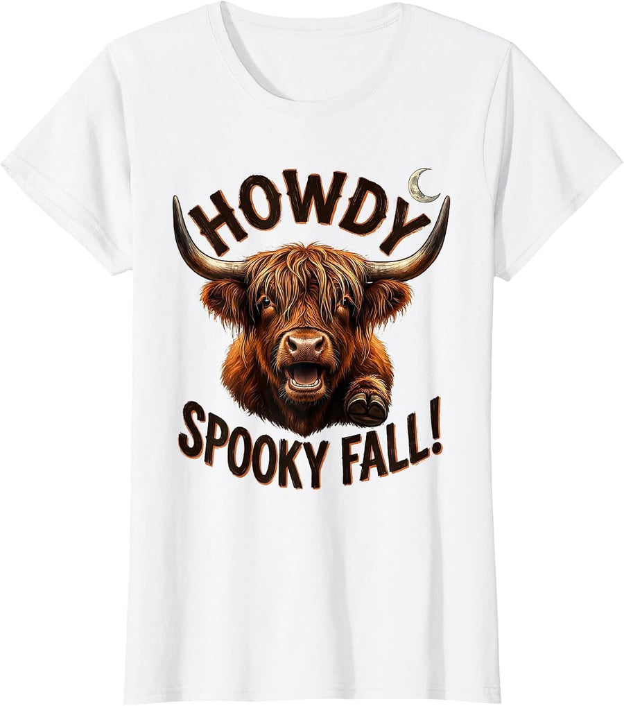 Women's Howdy, Spooky Fall! Funny Highland Cow Fall Halloween Humor T-Shirt - White