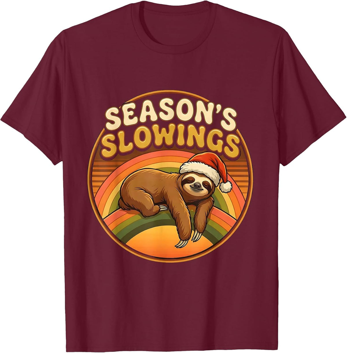 Men's Season's Slowings Retro 70s Sloth Lover Christmas Humor T-Shirt - Burgundy
