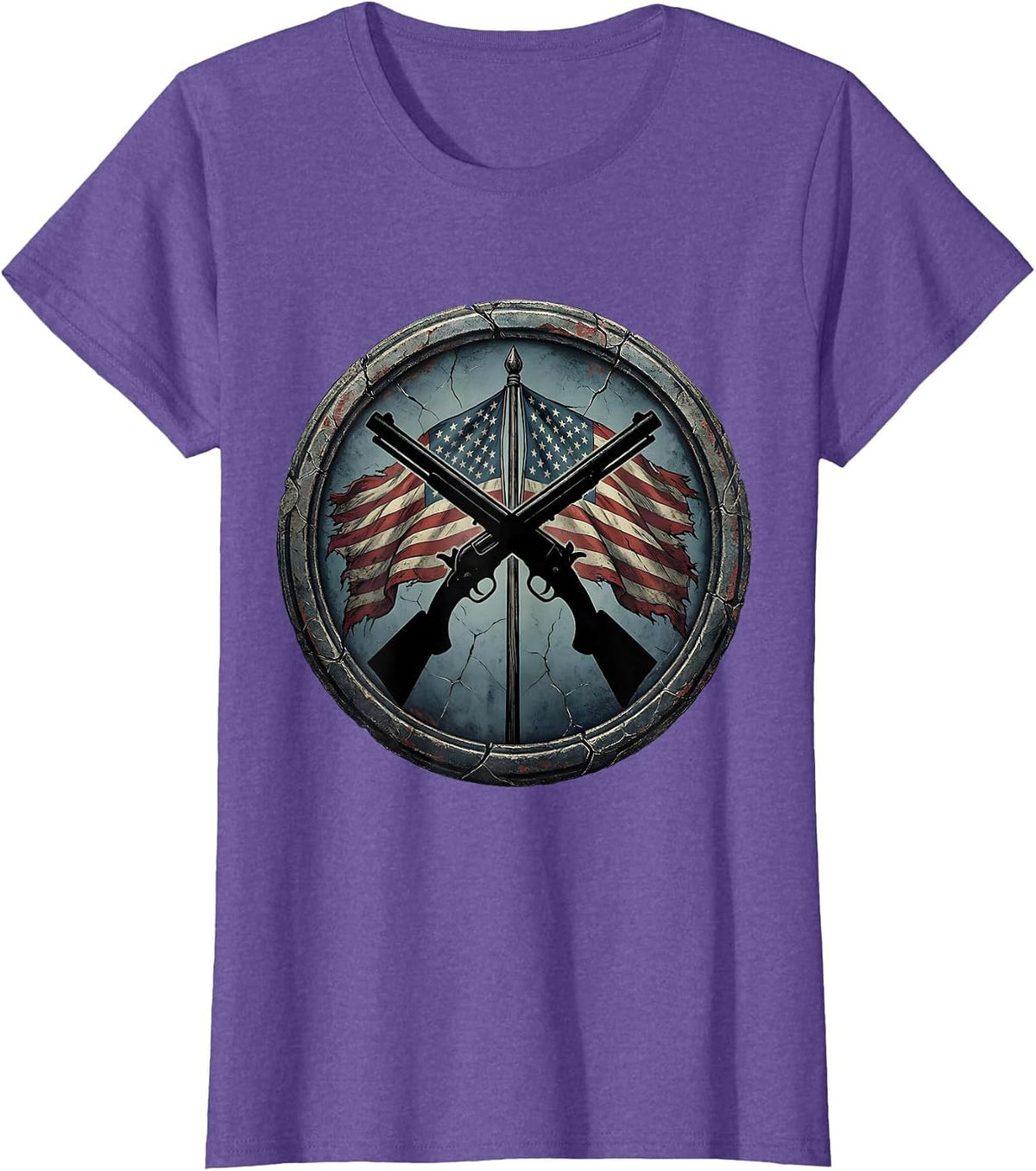 Double Barrel Shotgun American Flag Crossed Graphic T-Shirt - Purple Heather
