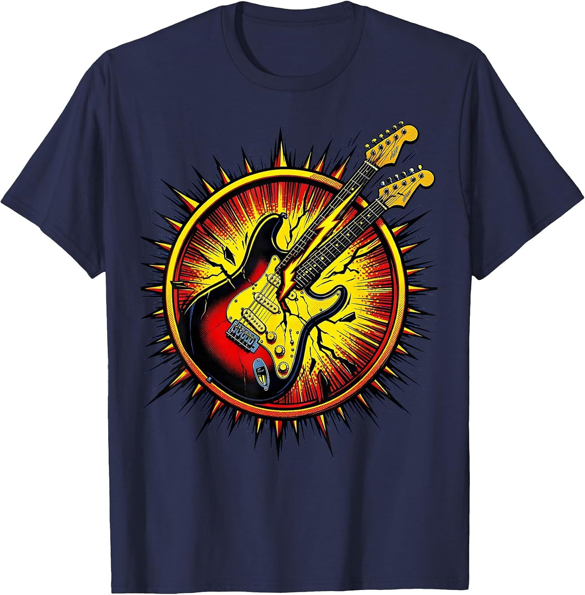 Men's Electric Guitar Lightning Bolt Split 80s Rock Art T-Shirt - Navy Blue