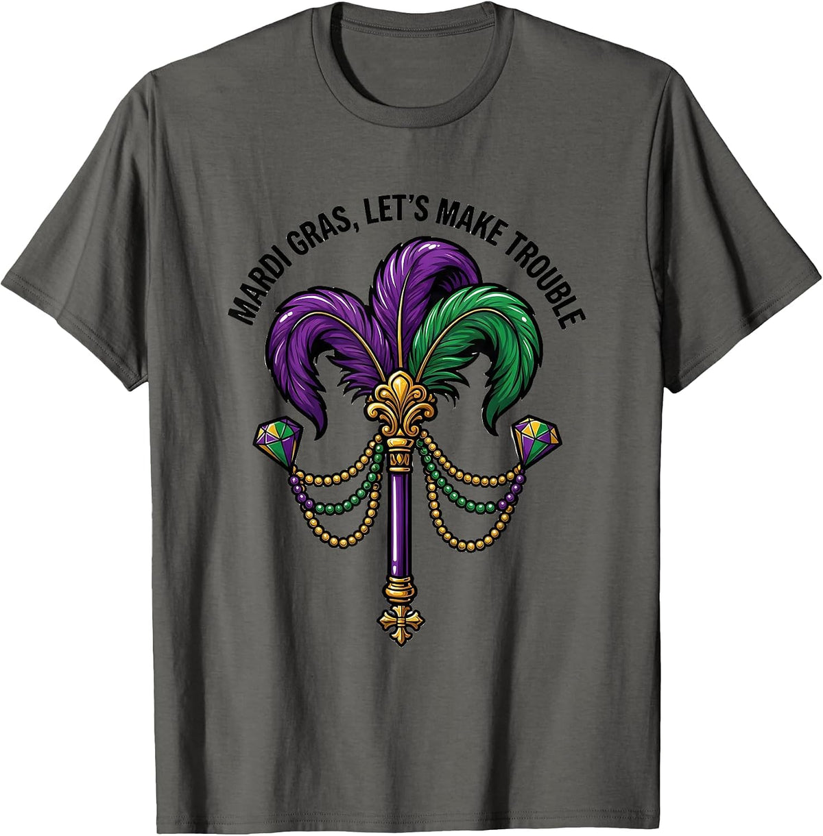 Mardi Gras, Let’s Make Trouble Bold Cartoon Costume Party T-Shirt - Asphalt Grey